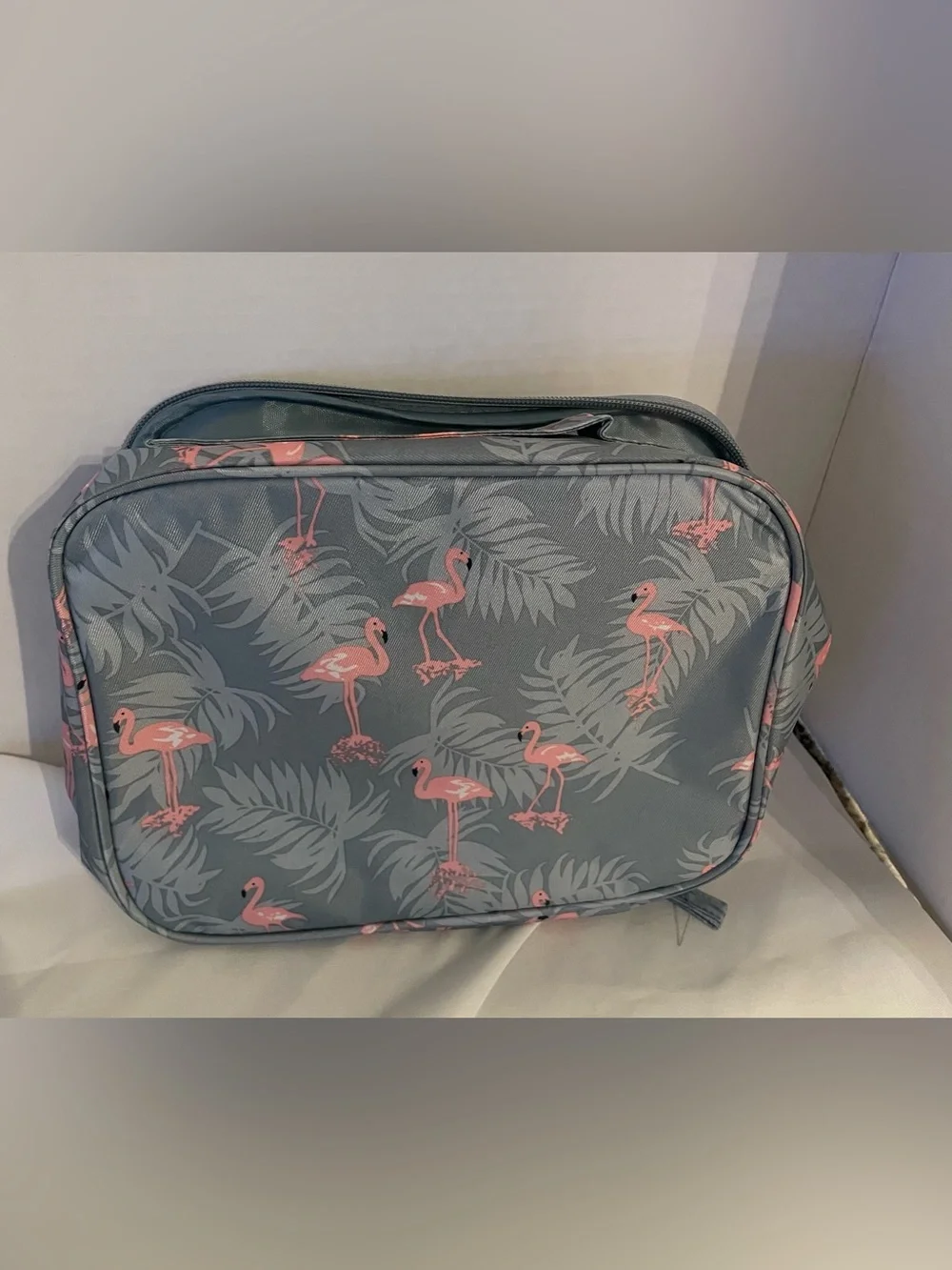 Flamingo print travel toiletry/cosmetic bag + matching small wristlet pouch set.